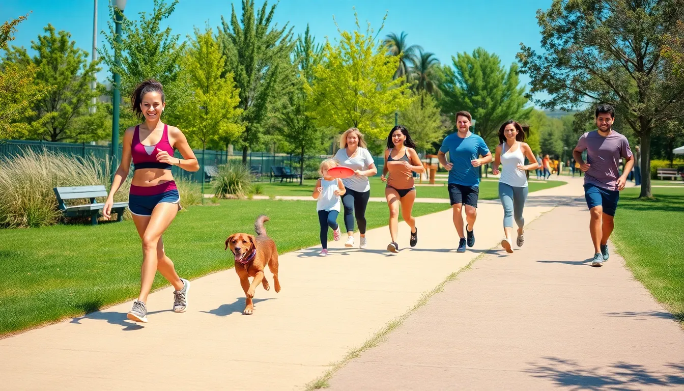 diverse people participating in various physical activities in a park.