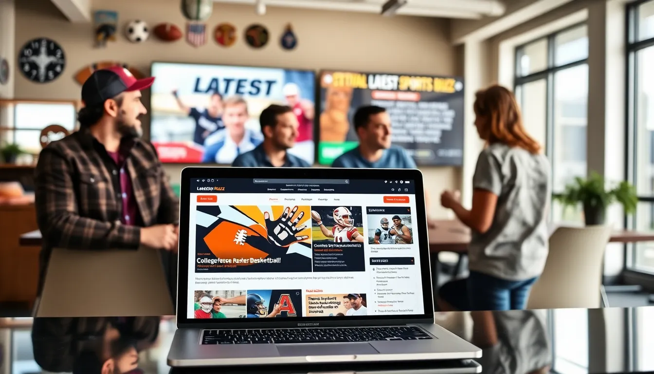 diverse fans discussing sports articles on a modern laptop.