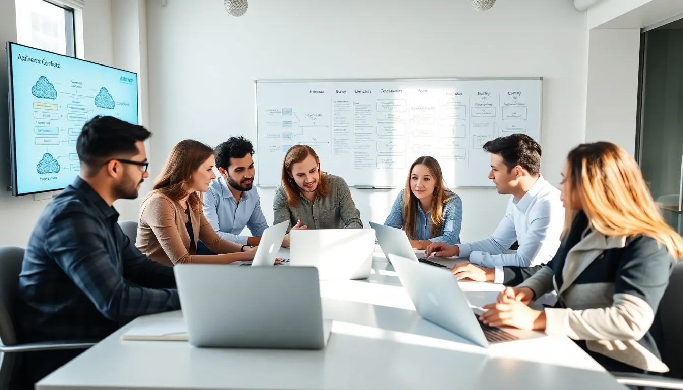 diverse professionals collaborating in a modern office on Cloud DevOps.