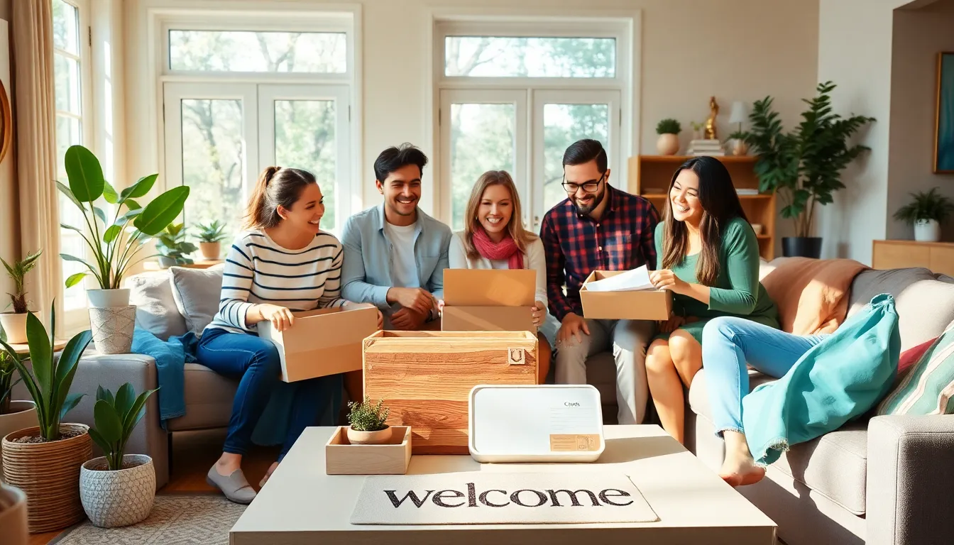 diverse homeowners unpacking thoughtful gifts in a cozy living room.