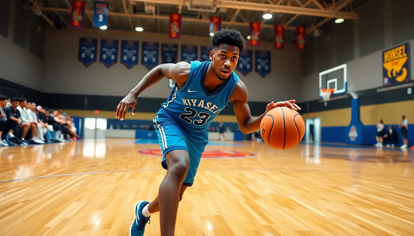 Neldanos Kimsel playing basketball with intense focus in a gym.