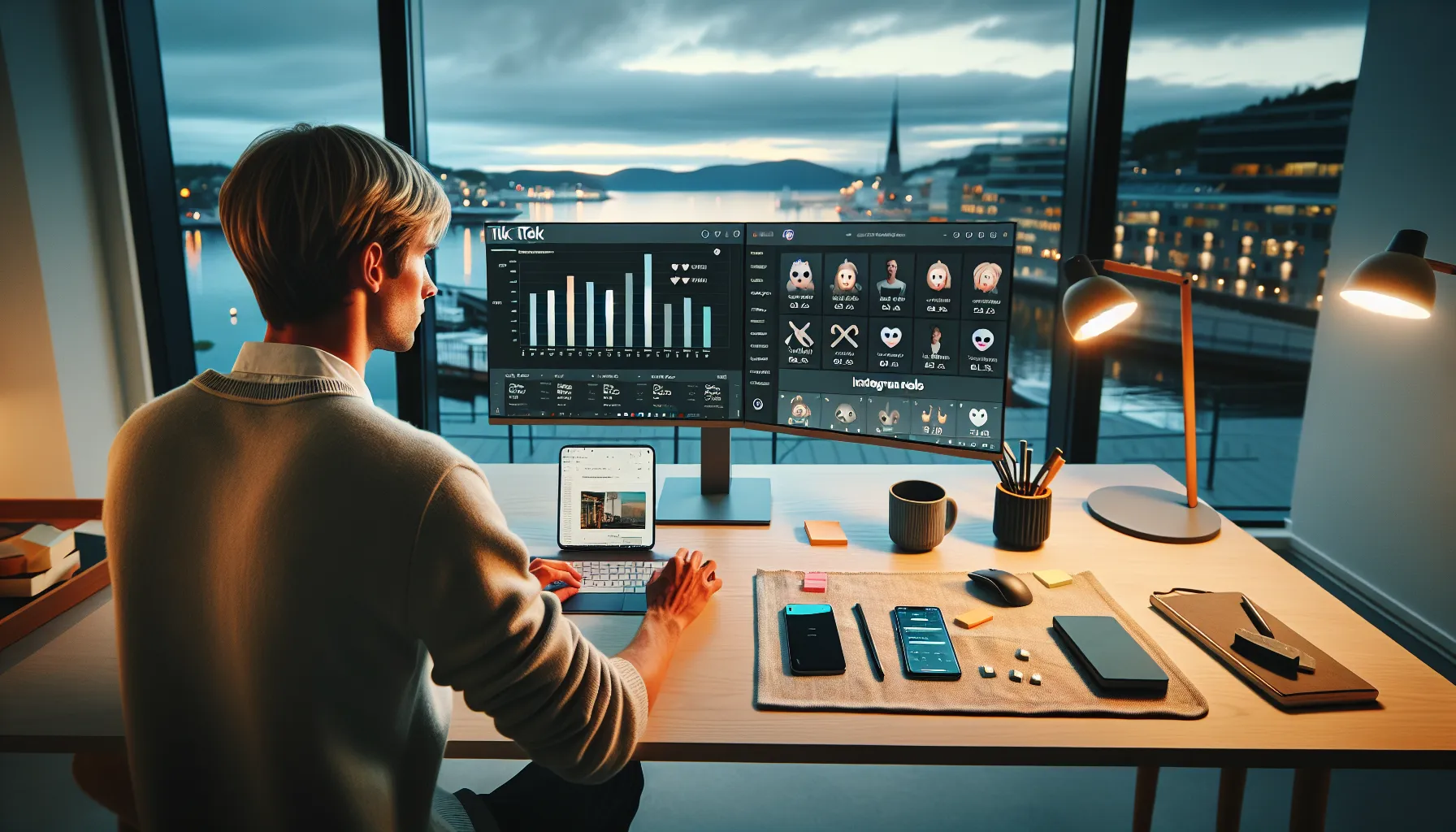 Marketer compares tiktok virality and instagram reels conversions in an oslo office.