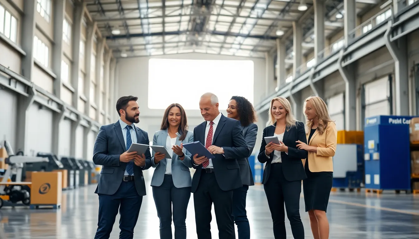 professionals discussing trends in a modern industrial warehouse.