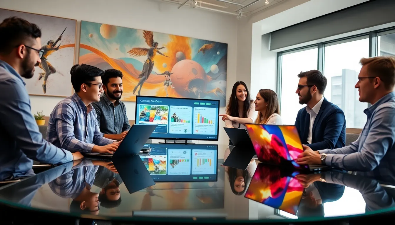 diverse team collaborating on game design in a modern office.