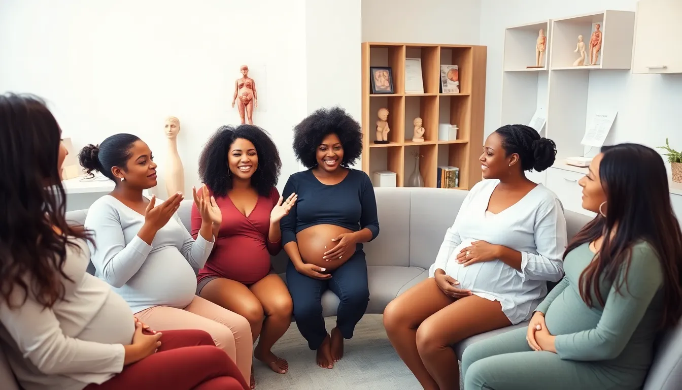 diverse group of pregnant women discussing birthing hips in a clinic.