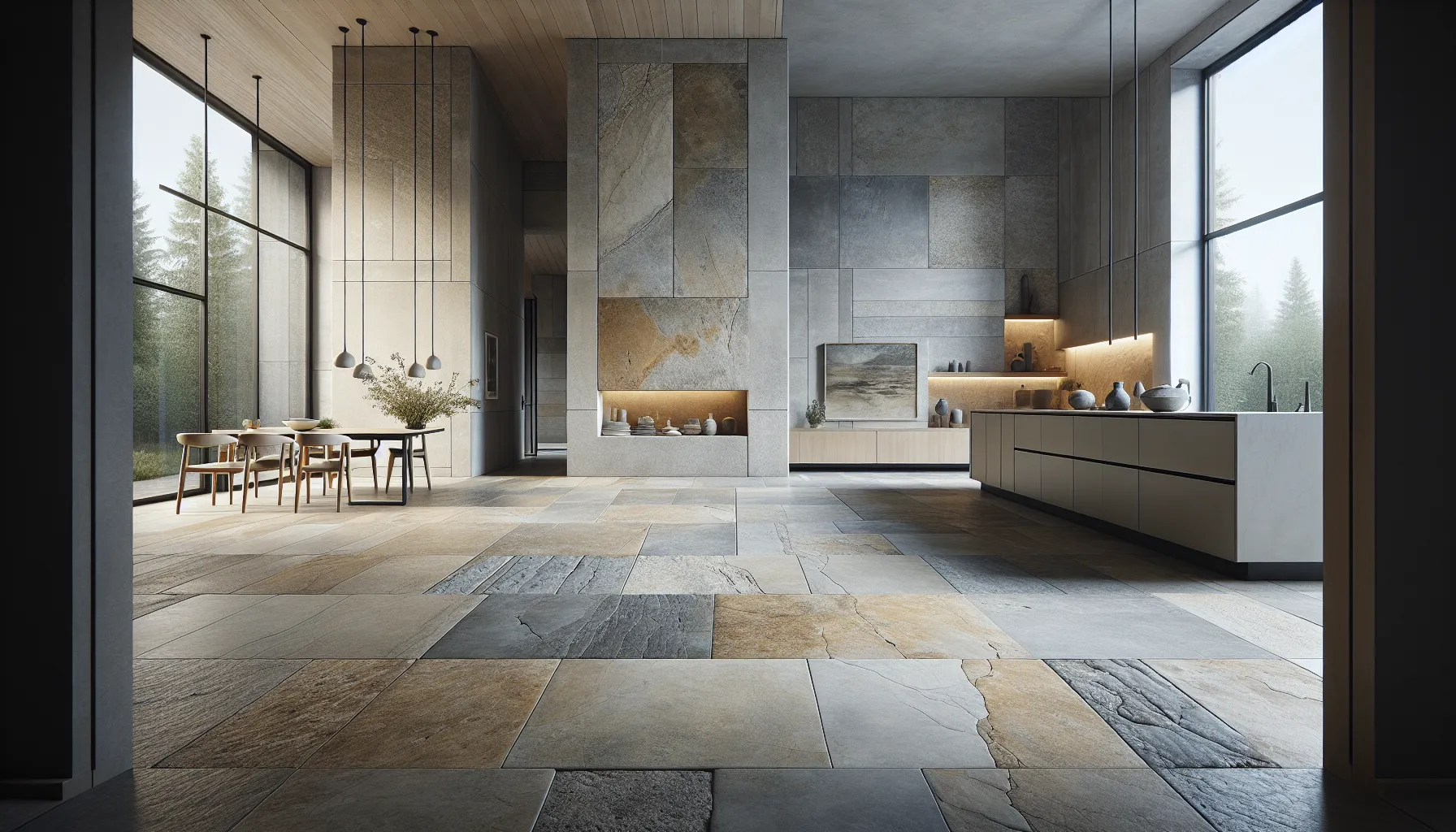 Hvordan bruke stein for å skape et tidløst design 2 Norwegian minimalist interior with limestone floor and mixed natural stone accents.