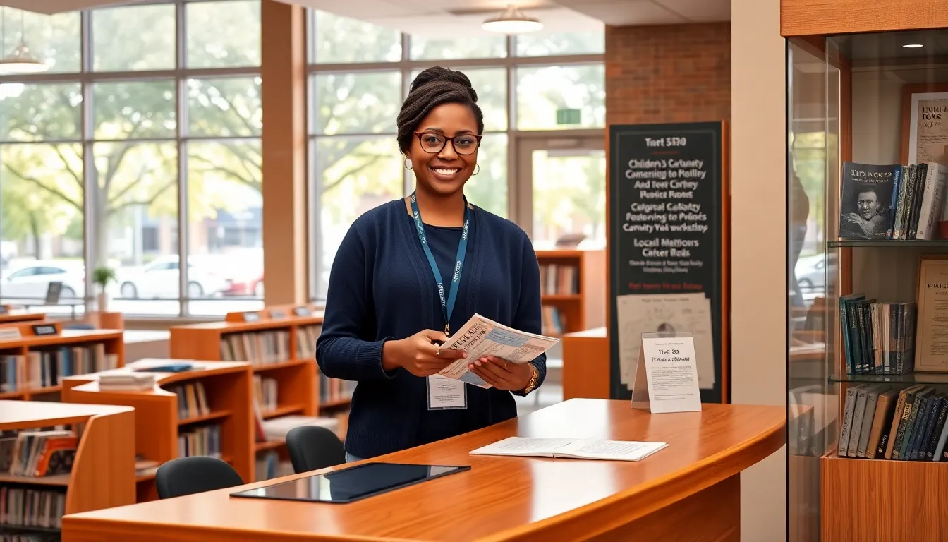Librarian hands books and a brochure to a patron at a sunny public library desk.