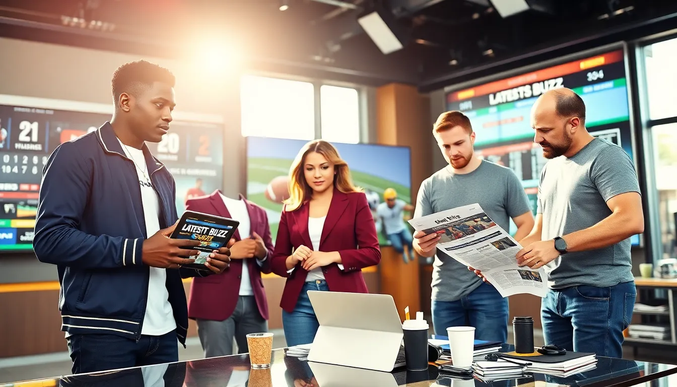 three sports journalists discussing updates in a modern newsroom.