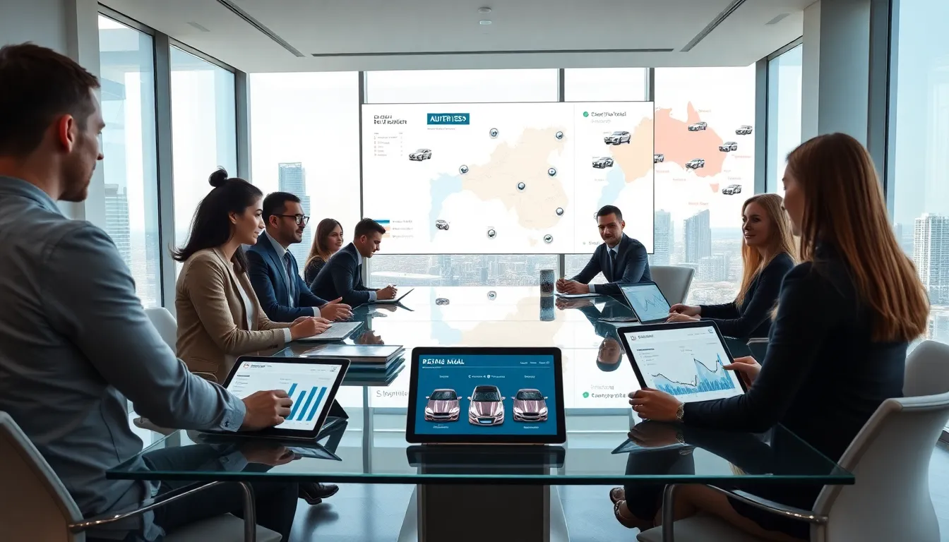 Diverse marketing team analyzes SEO for Perth car rental platforms in a modern office.