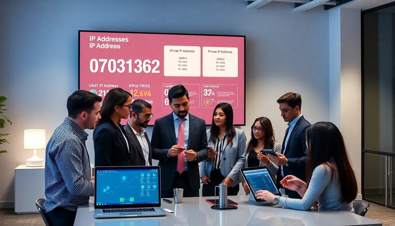 IT professionals discussing IP addresses in a modern office.