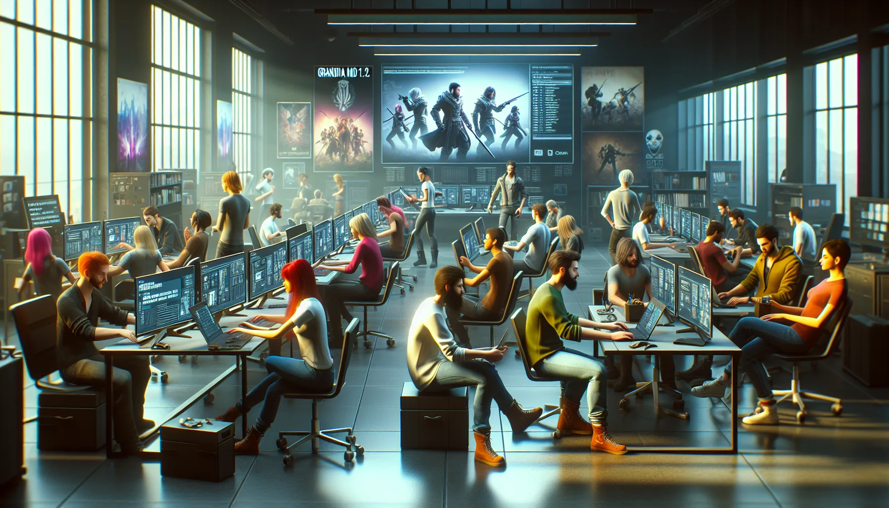 diverse team collaborating on Grandia Mod 1.2 in a modern office.