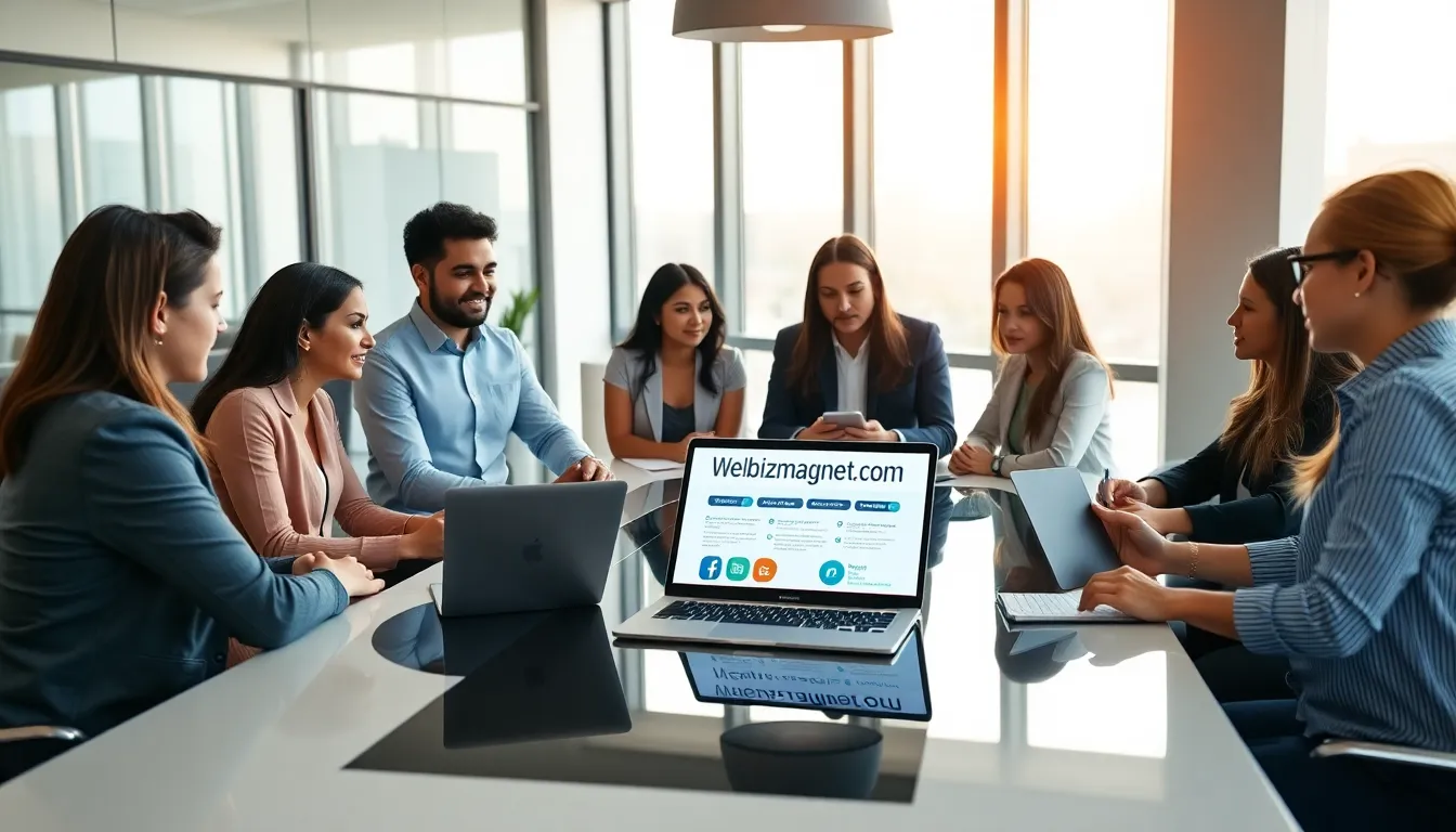 diverse team collaborating on Webbizmagnet.com software in a modern office.