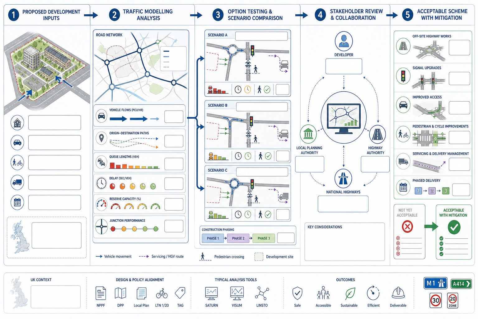 Traffic modelling process for UK planning decisions and development mitigation.