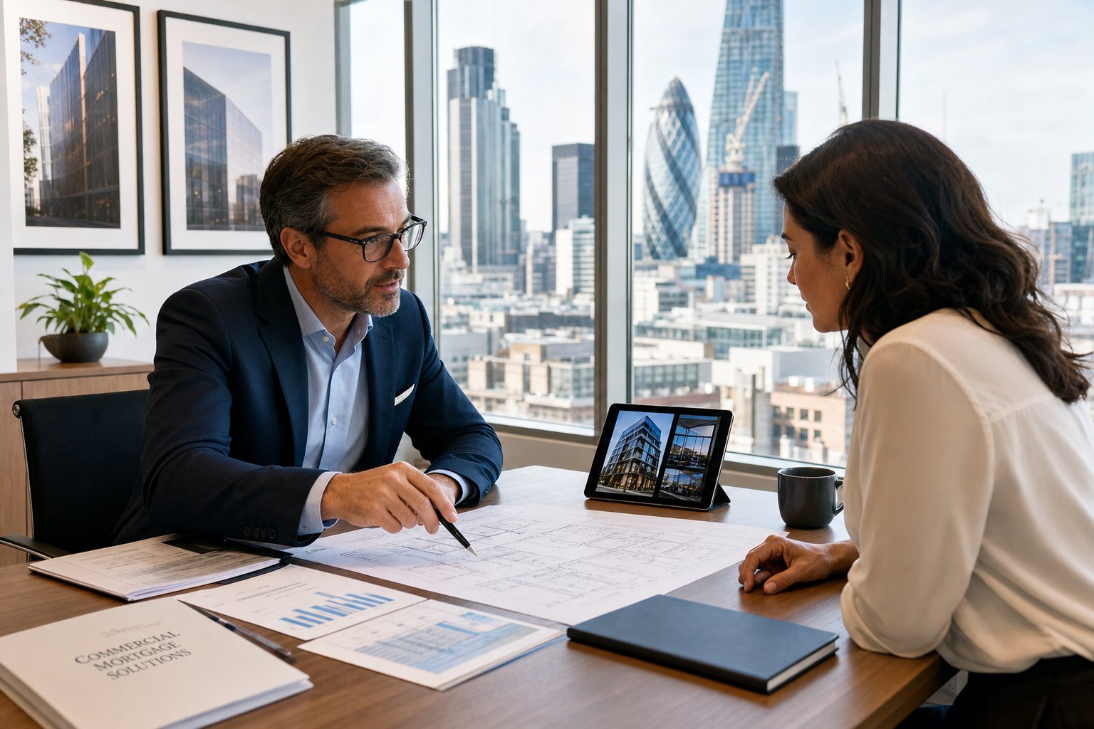 Professional commercial mortgage consultation in a modern office with city views, building plans, and financial documents in soft natural light.