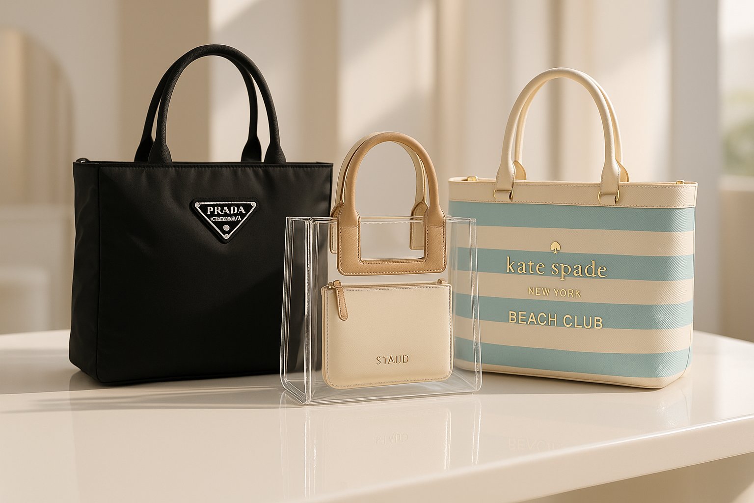Luxury waterproof beach bags displayed in a stylish, modern setting.