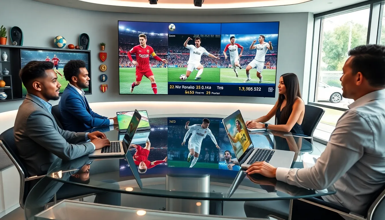 diverse team in a modern sports studio discussing football events.