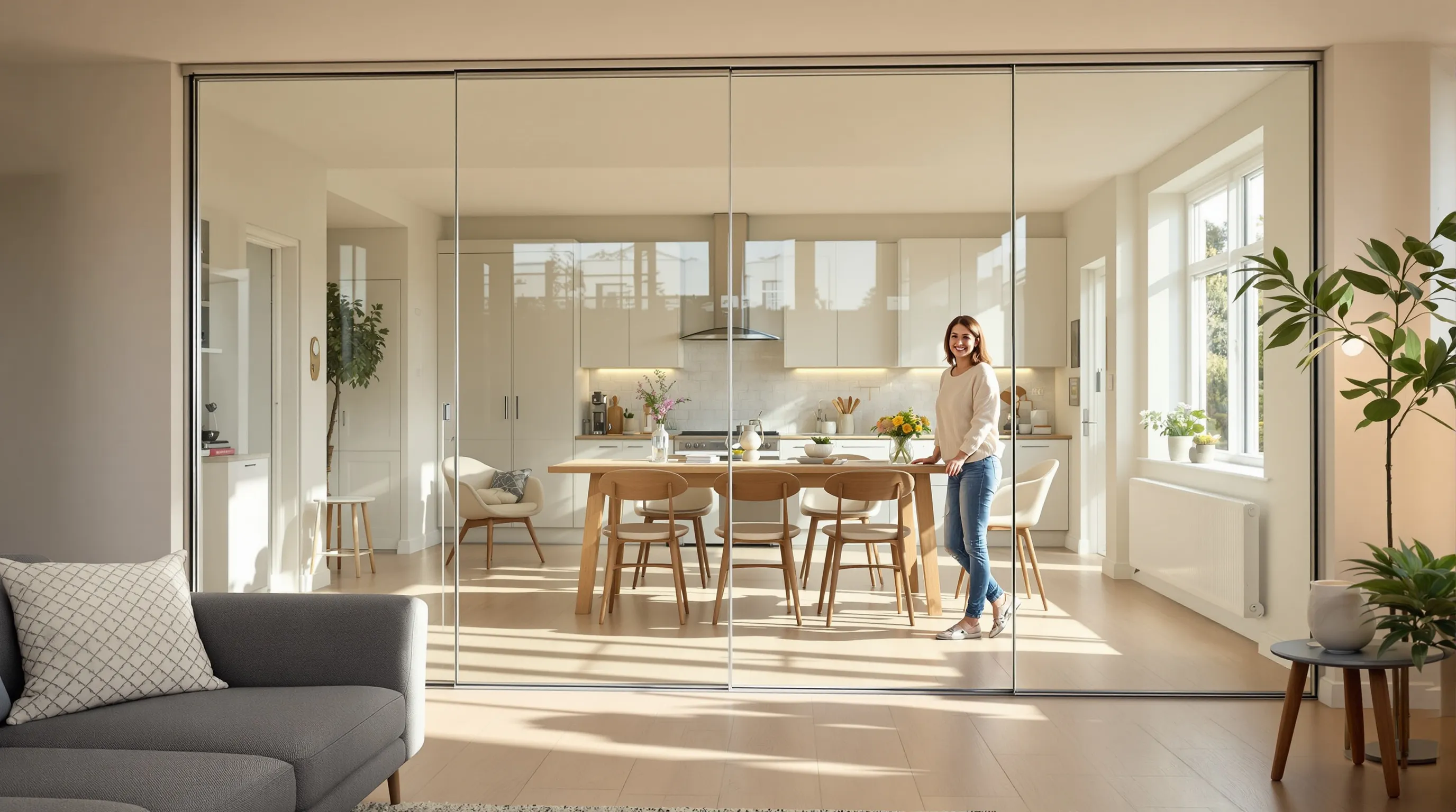 Glass partition dividing modern open-plan living and dining area in a British home.