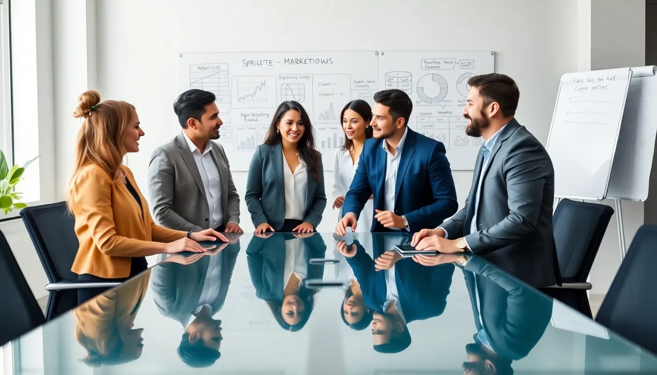 diverse team collaborating in a modern office on marketing strategies.