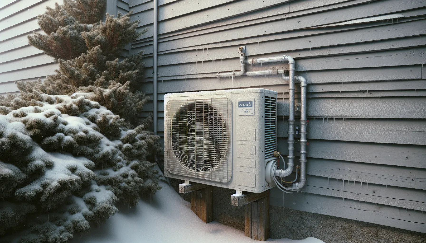 Iced, corroded outdoor heat pump inspected during sleet at a norwegian home.