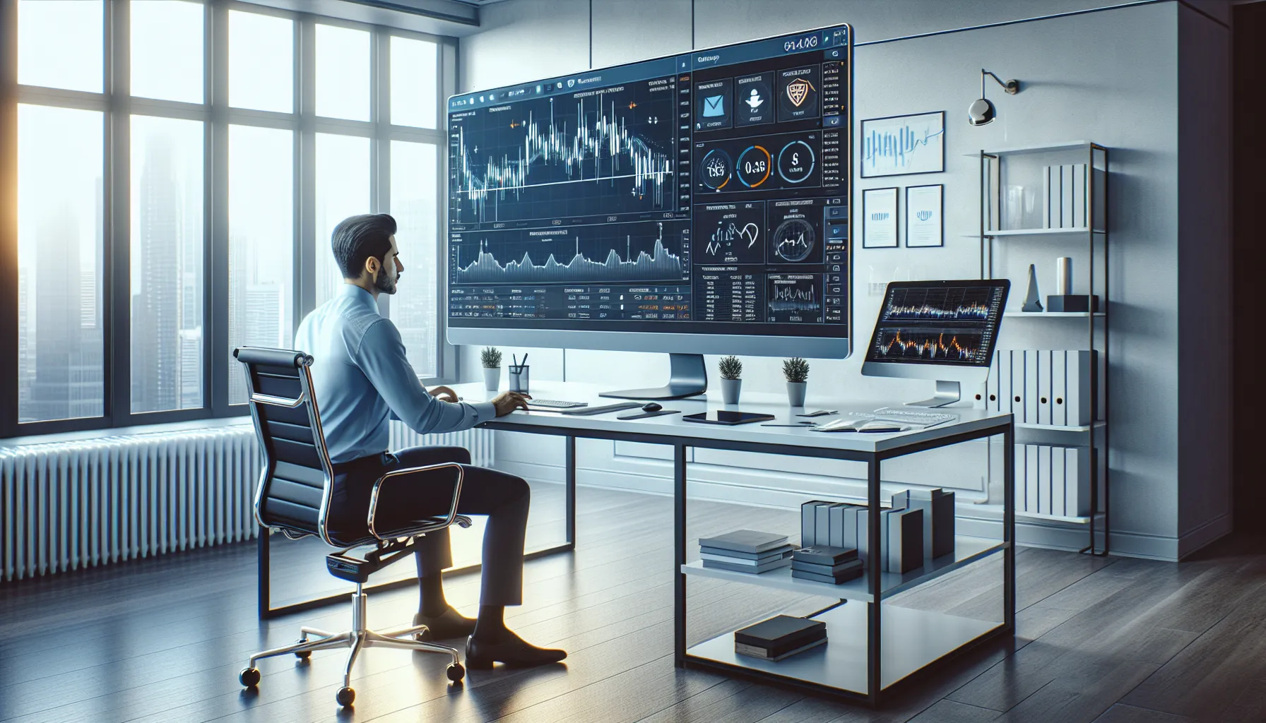 Professional trader using OrangeX platform with risk management tools on display.