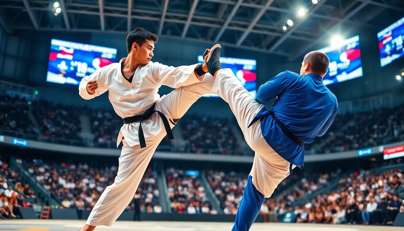 taekwondo bout in a modern sports arena with athletes in action.