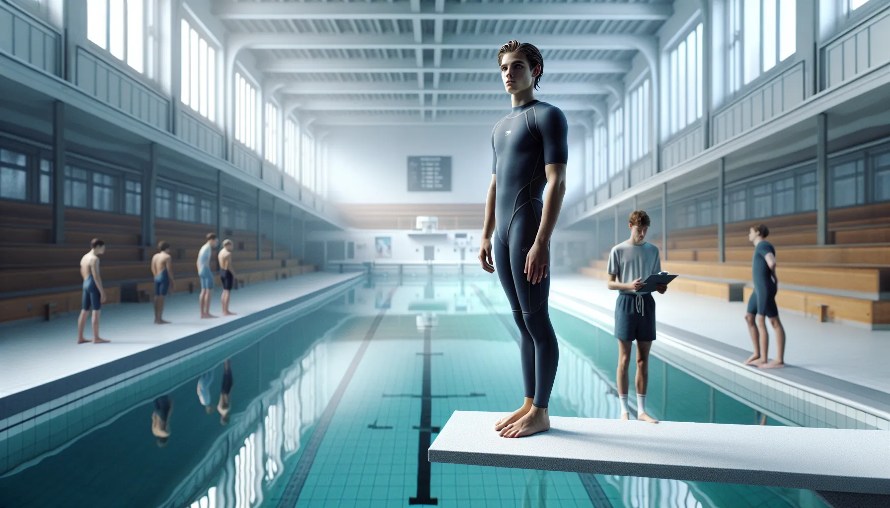 Teenage diver balanced on a springboard in a bright norwegian indoor pool.