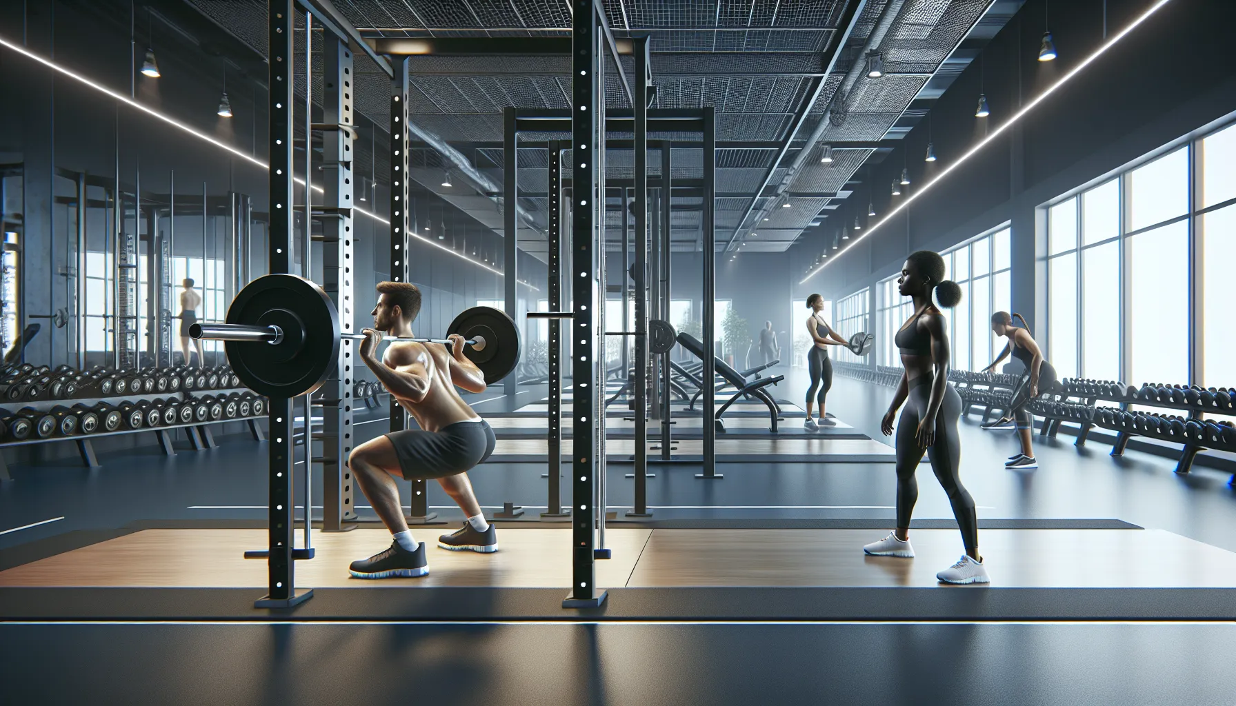 Two gym-goers using a barbell and a Smith machine for squats.