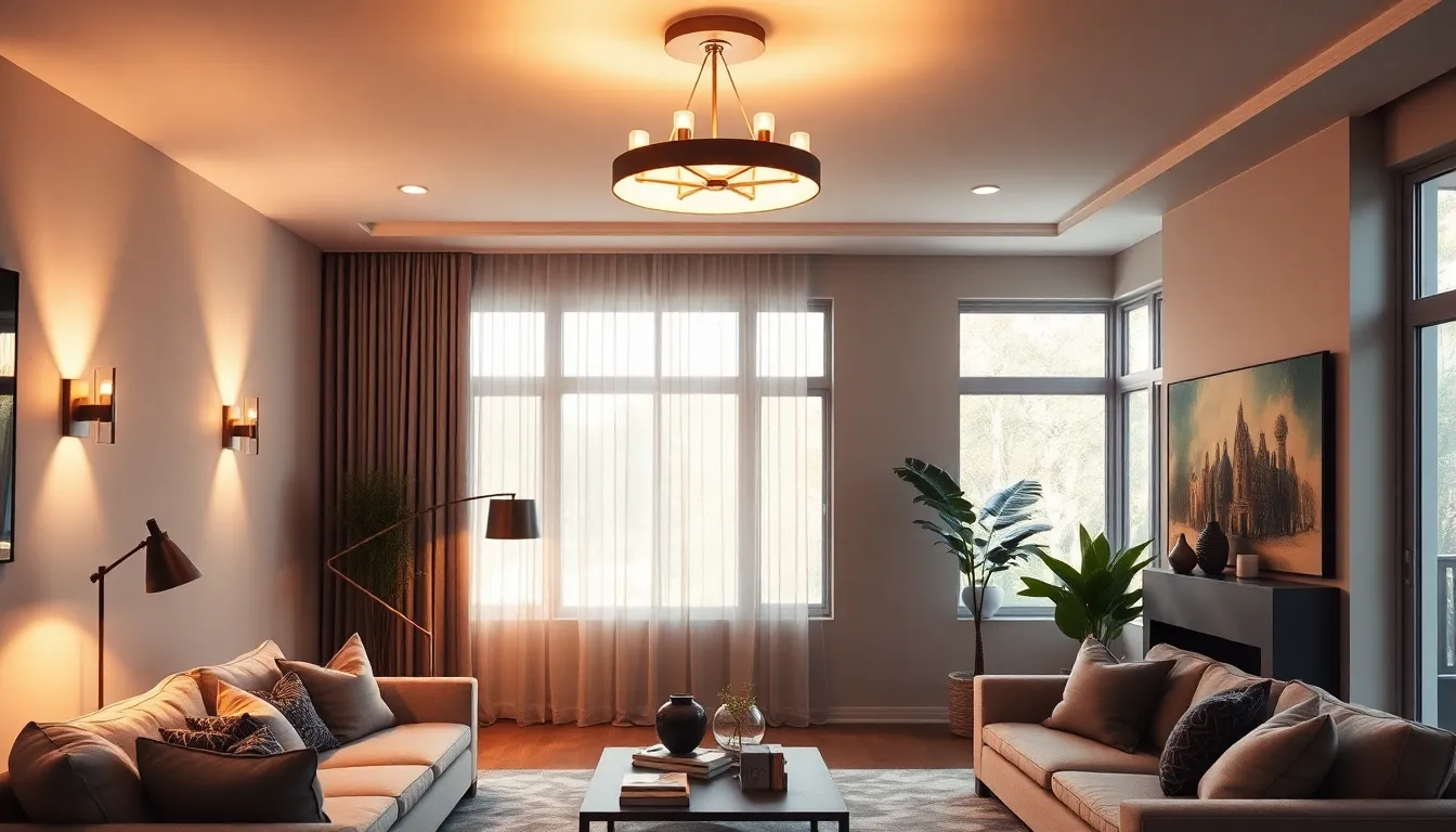 modern living room with a warm ambient lighting palette.