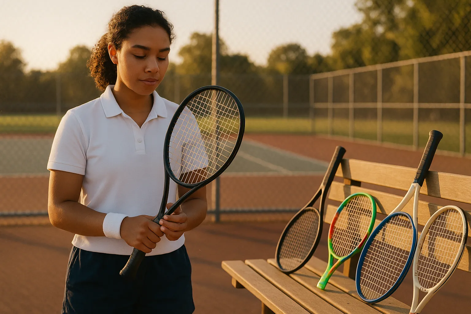 Beginner examining a forgiving tennis racquet on a sunny public court.