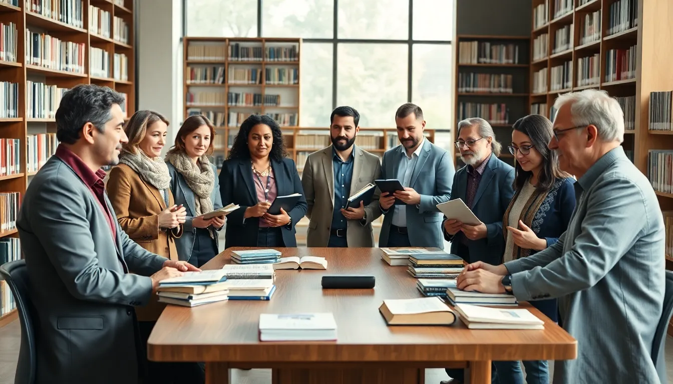 scholars discussing the origins of дштлекуу in a modern library.