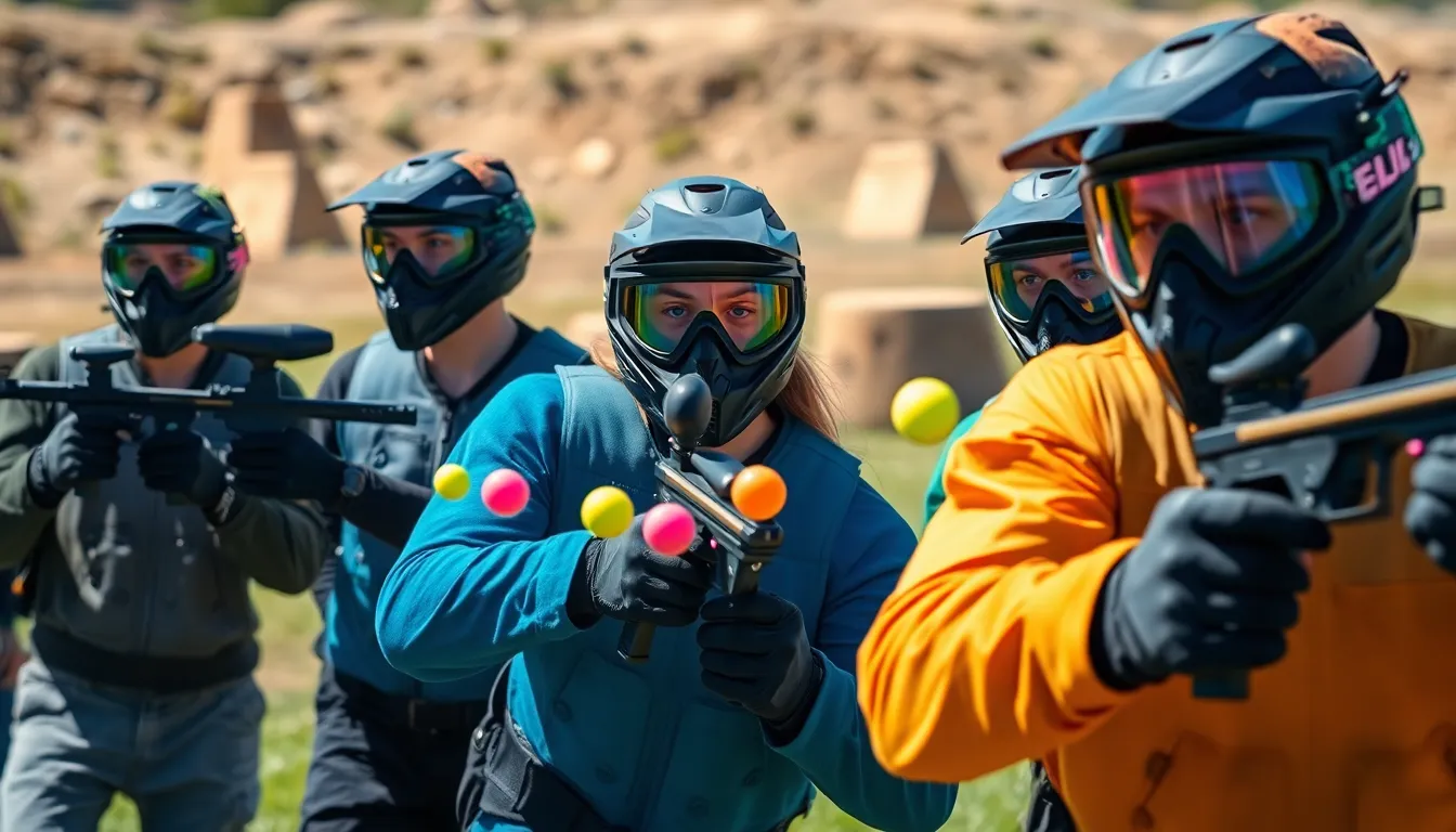 diverse paintball team equipped with protective gear in action.