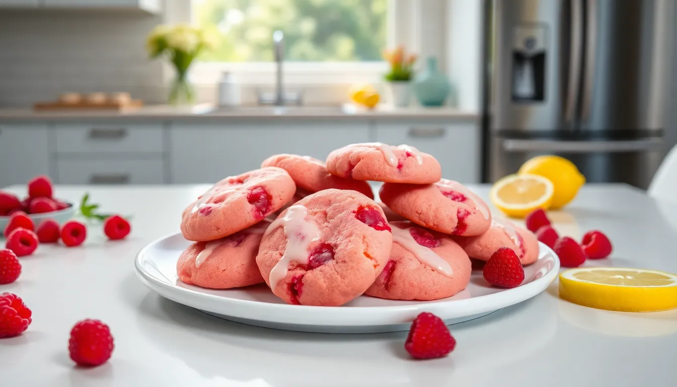 A plate of vibrant raspberry lemonade cookies in a bright kitchen setting.