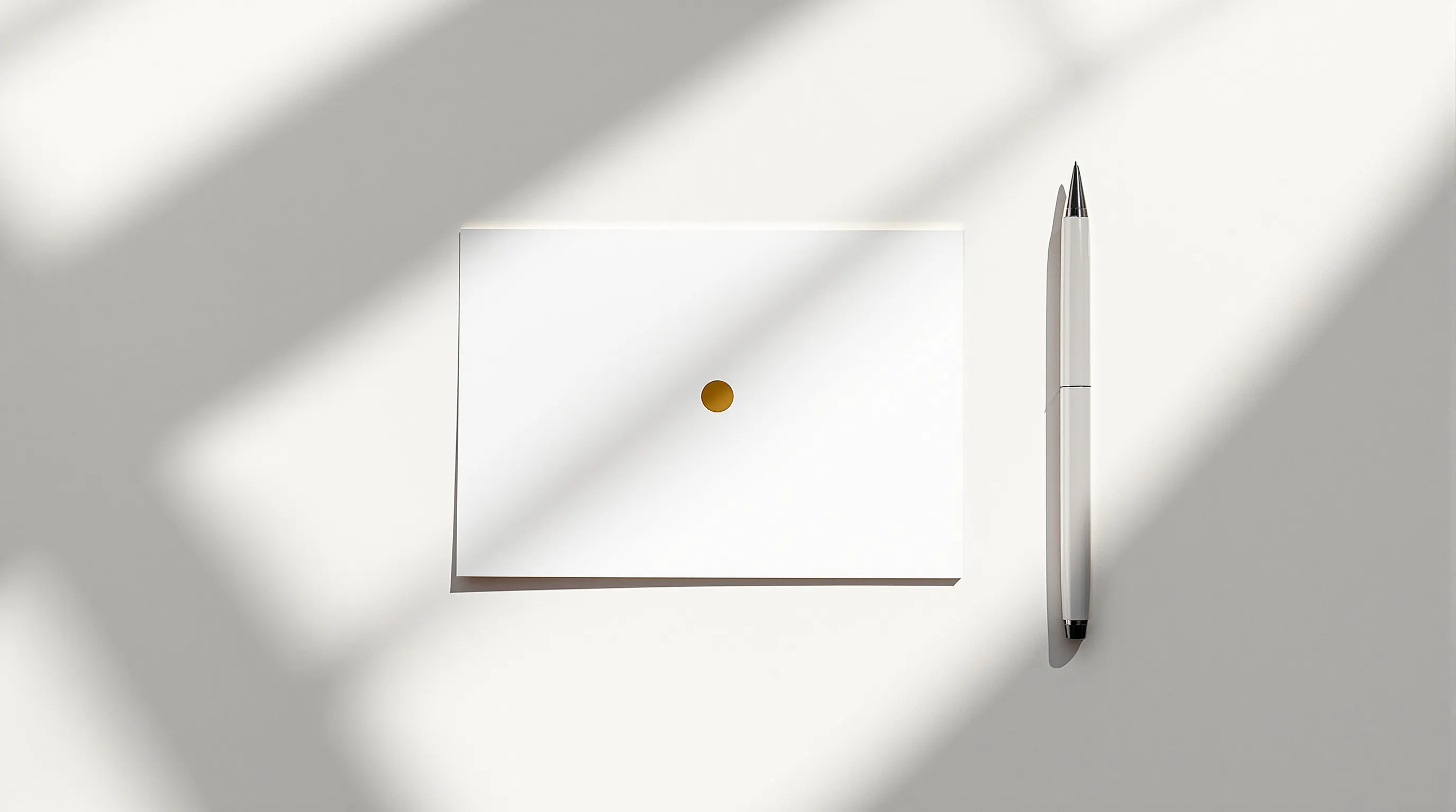 Minimalist greeting card on white background with simple golden icon and pen beside it.