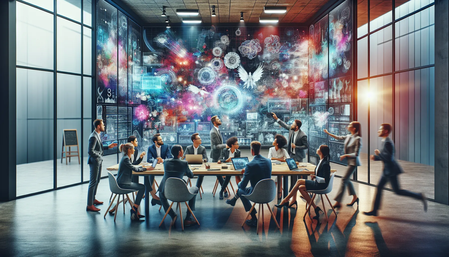 diverse professionals brainstorming in a modern workspace.