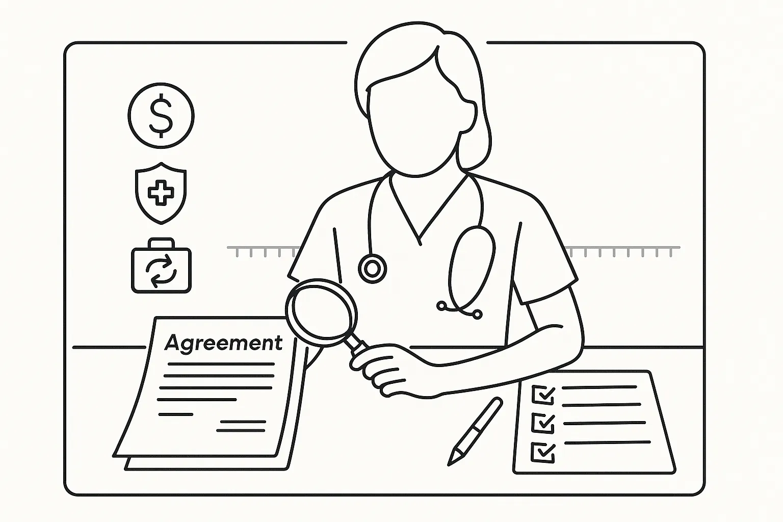 Nurse practitioner reviewing a contract with icons for money, licensure, and mobility of Nurse Practitioner Supervision and Collaboration Agreement Review