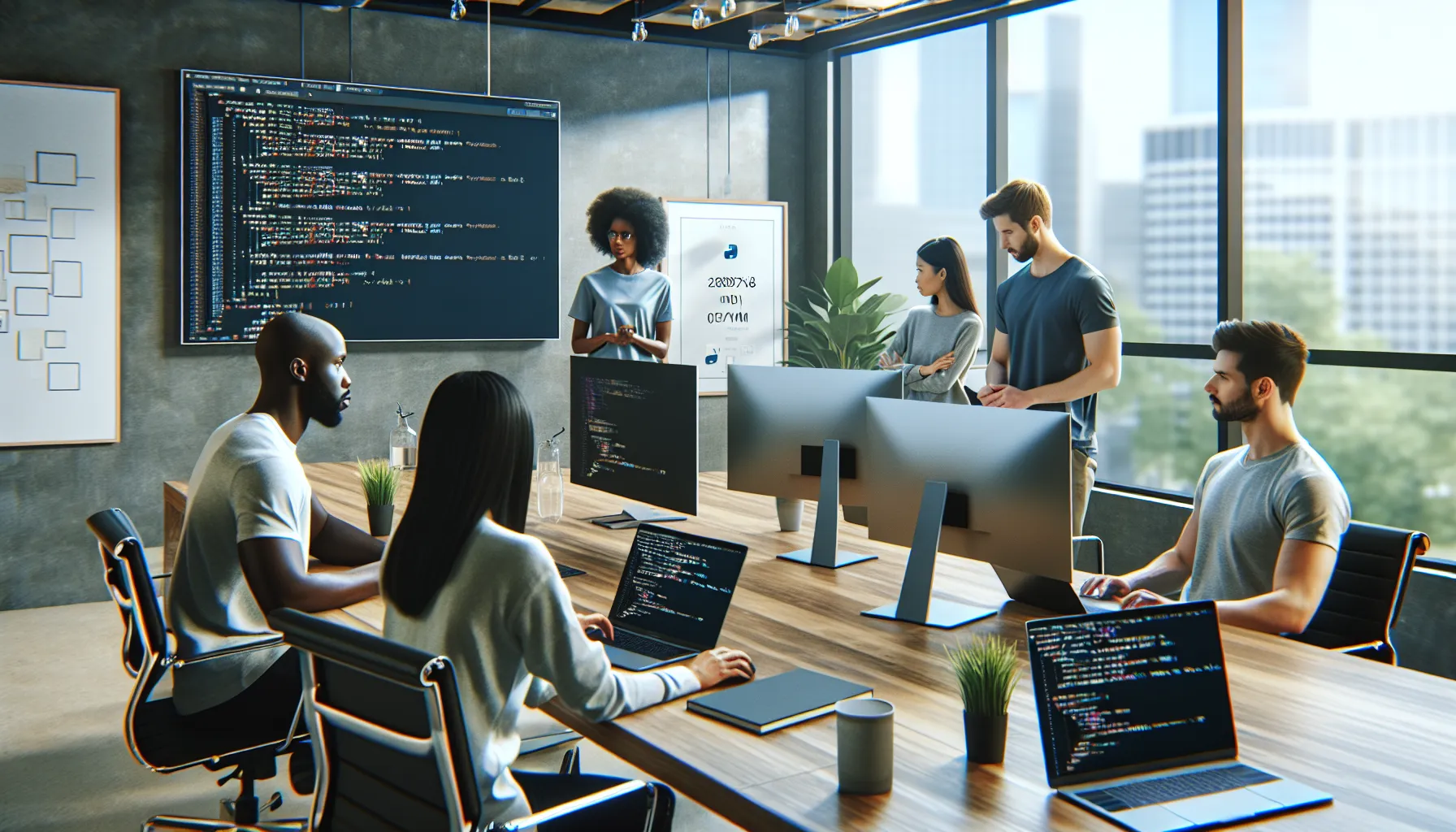 diverse software developers collaborating on a Python error in a modern office.