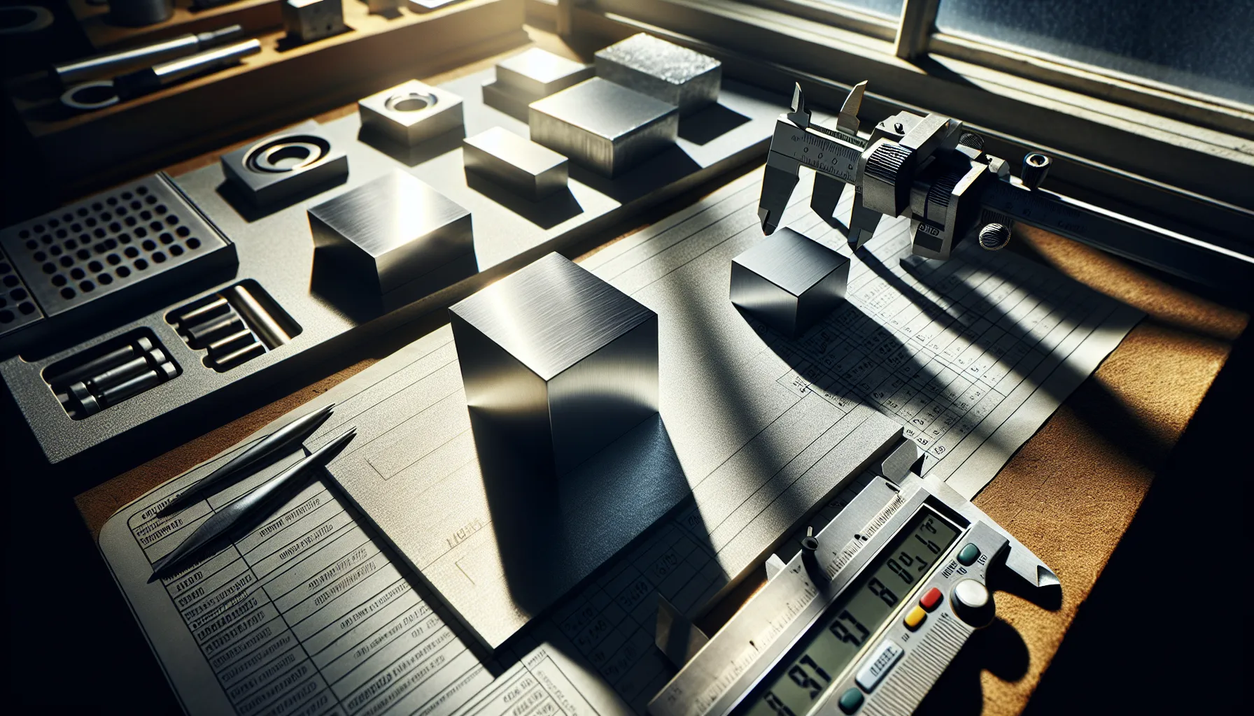 A comparison of aluminum and titanium samples on a workbench in a workshop.