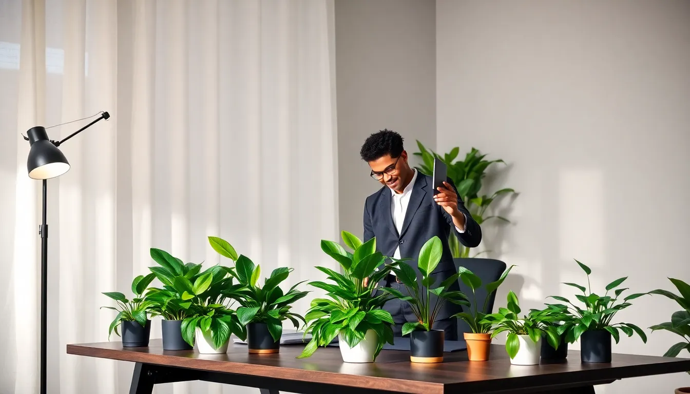 office with thriving house plants suitable for low light conditions.