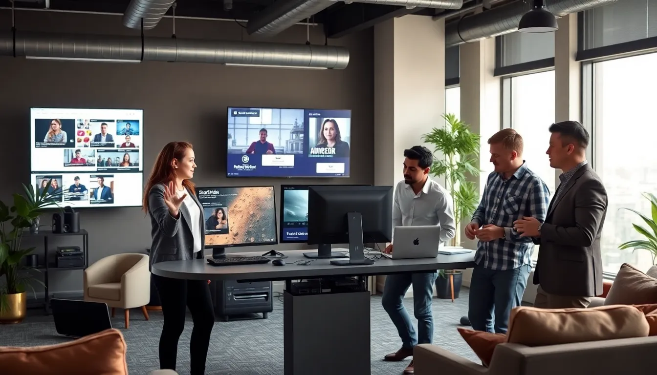 diverse filmmakers collaborating in a modern digital studio.