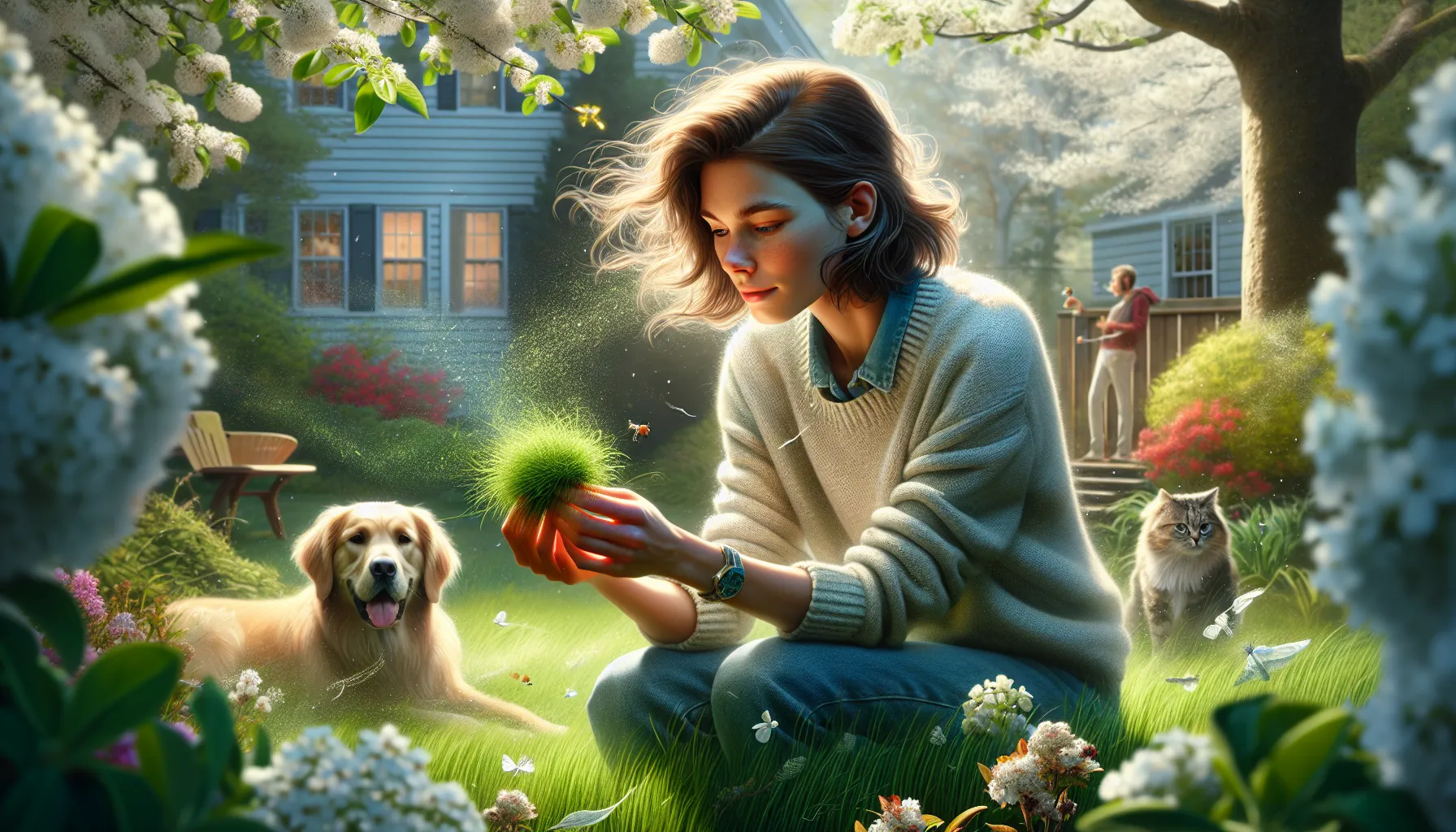 a woman examining grass for allergens on a sunny spring day.