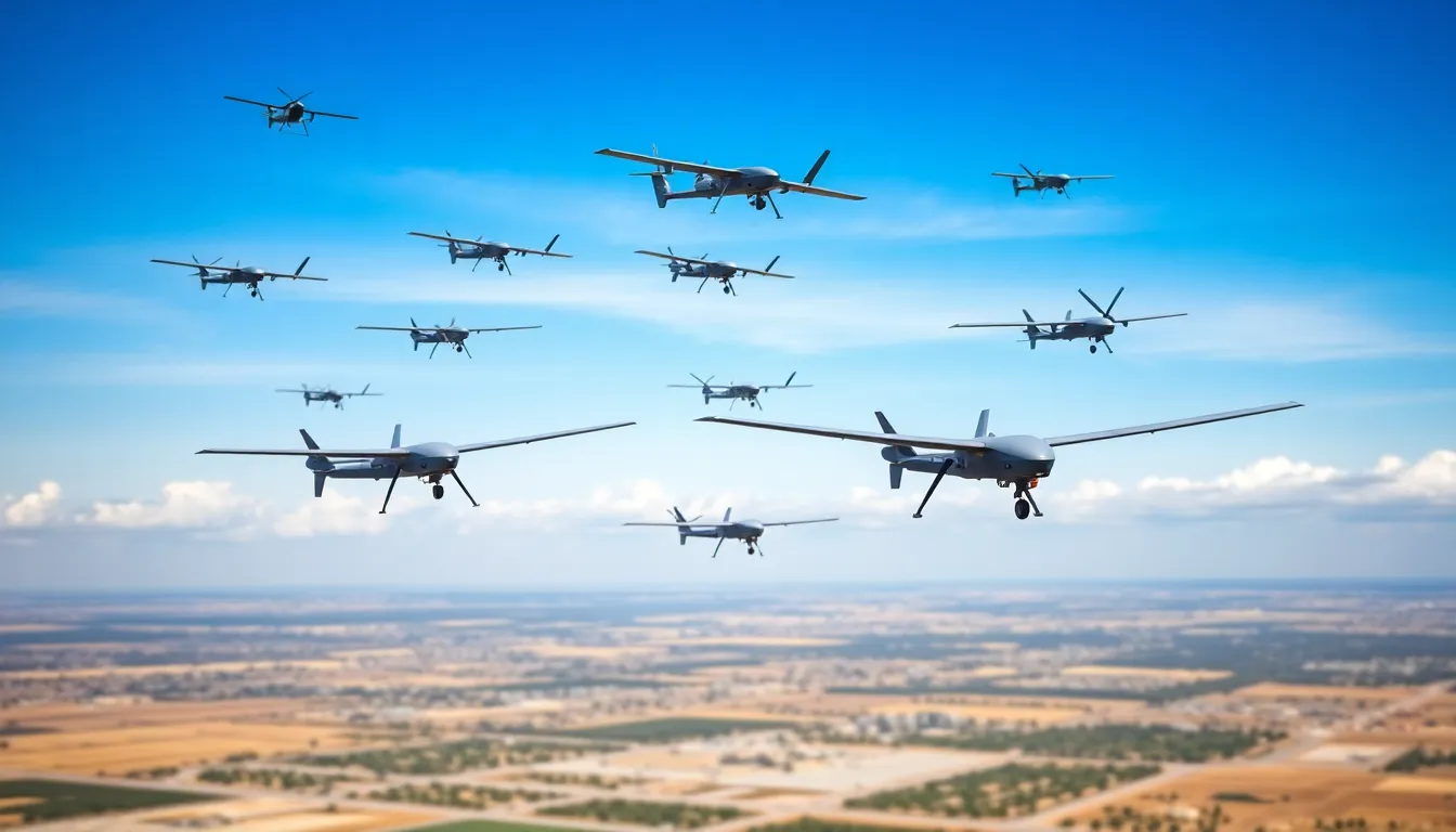 various military drones flying in formation over a landscape.