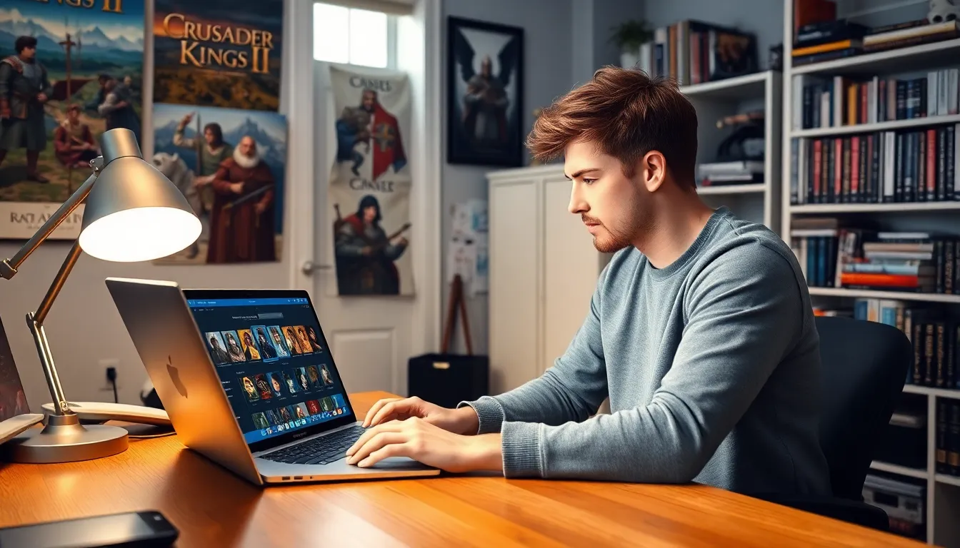 a young man creating characters in a modern home office for a video game.