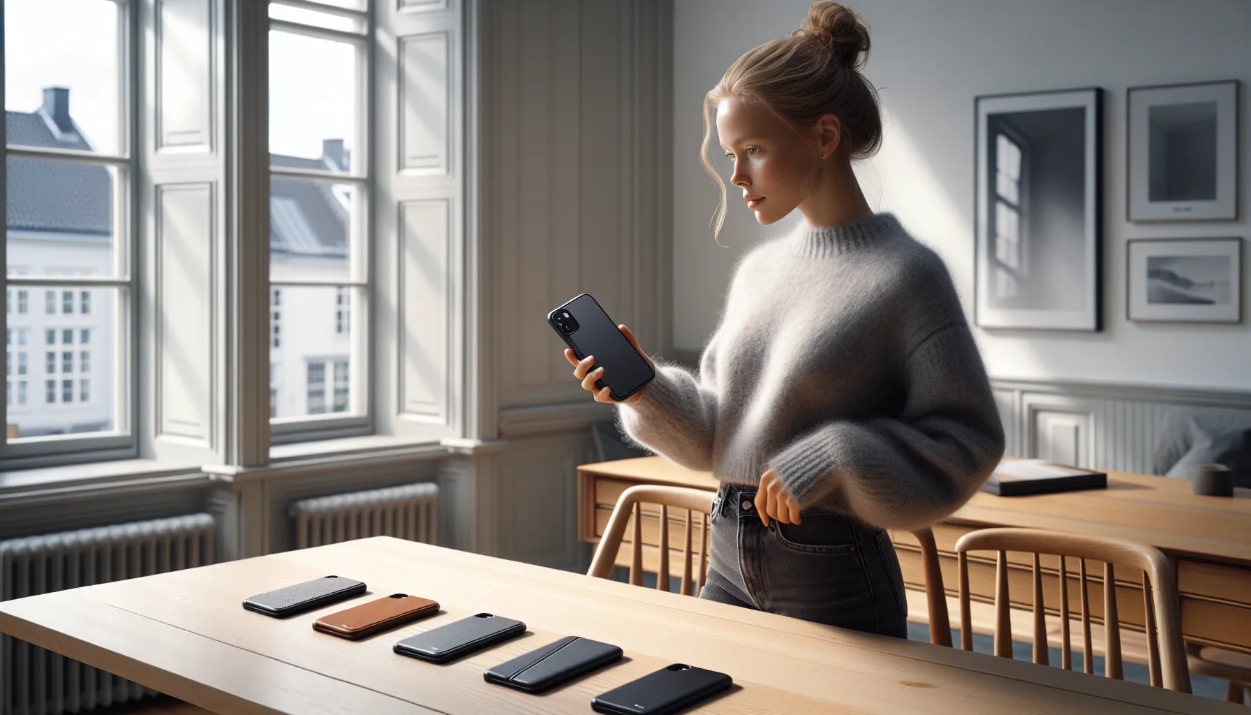 Slik beskytter du mobilen din mot daglig slitasje 3 Woman choosing between different phone cases on a table in a bright apartment.