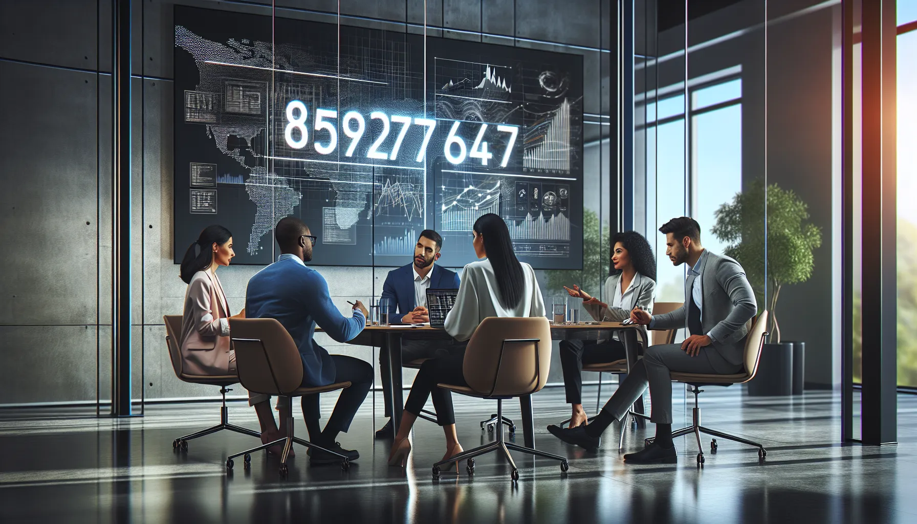 diverse professionals discussing data in a modern office.