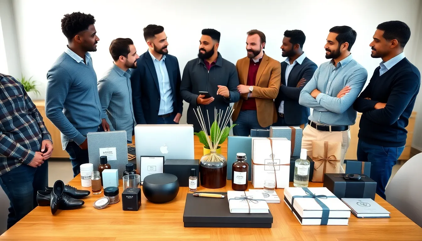 a collection of wellness gifts for men in a modern workspace.