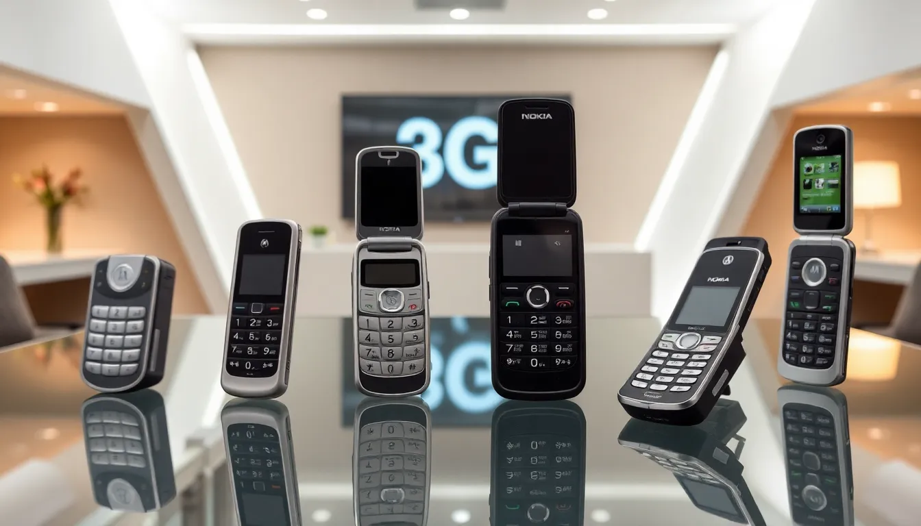 variety of 2005 cell phones displayed on a glass table.