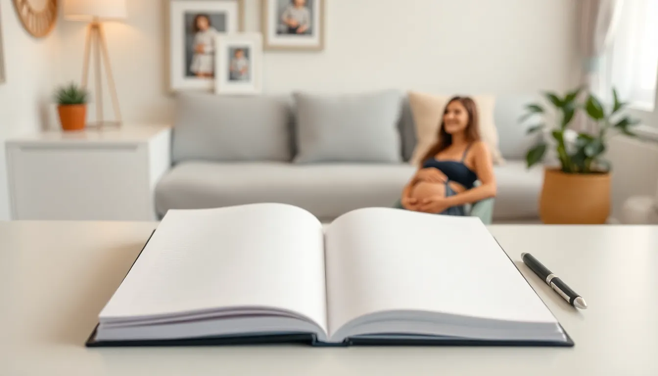 open pregnancy journal on a minimalist desk in a cozy setting.