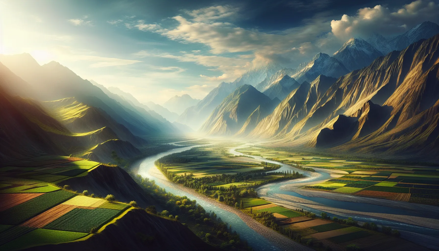 Scenic landscape of Uzribitan with mountains, valleys, and a winding river.
