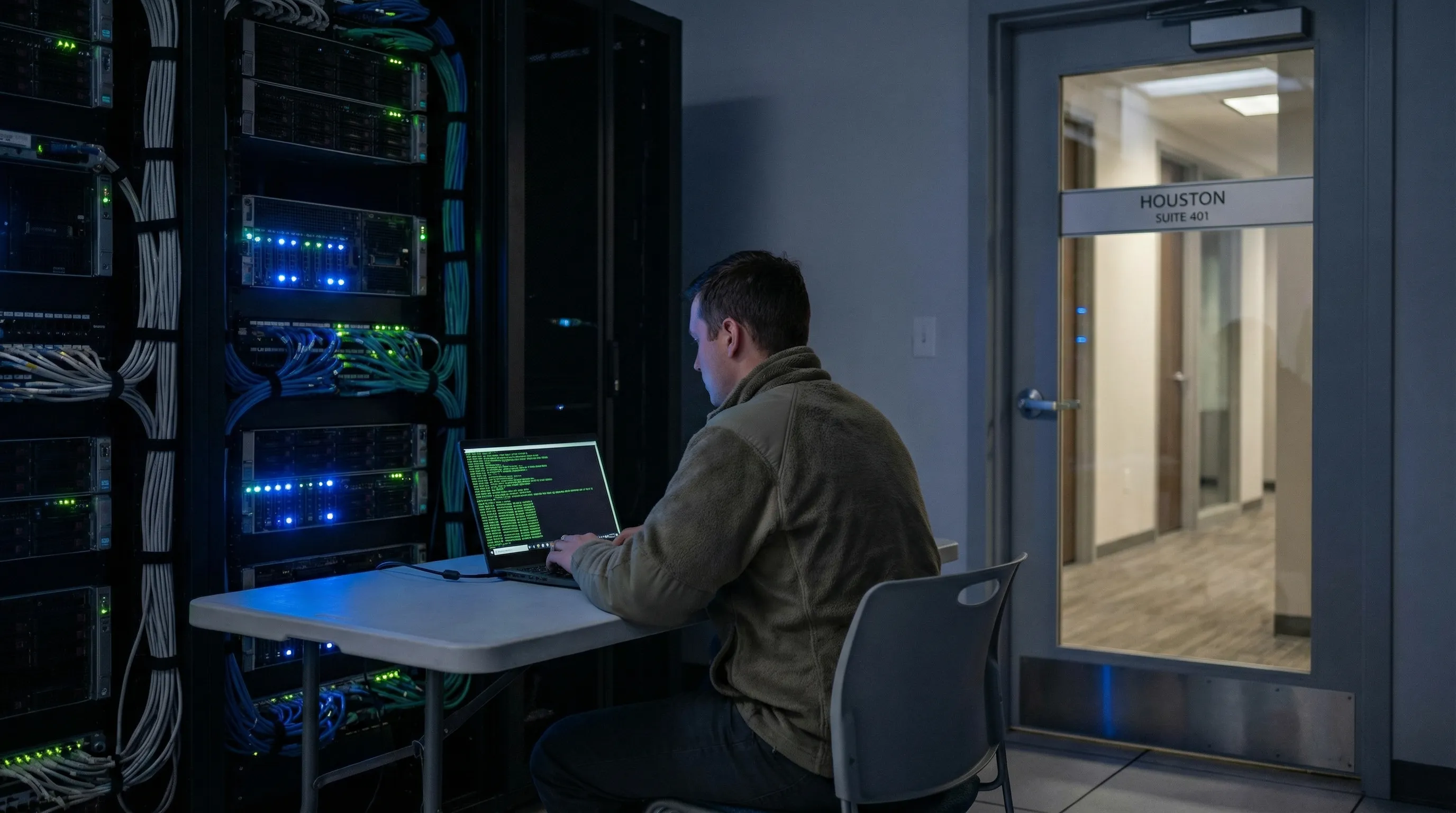 Technician verifying website server status on a laptop next to orderly server racks in a secure office environment.