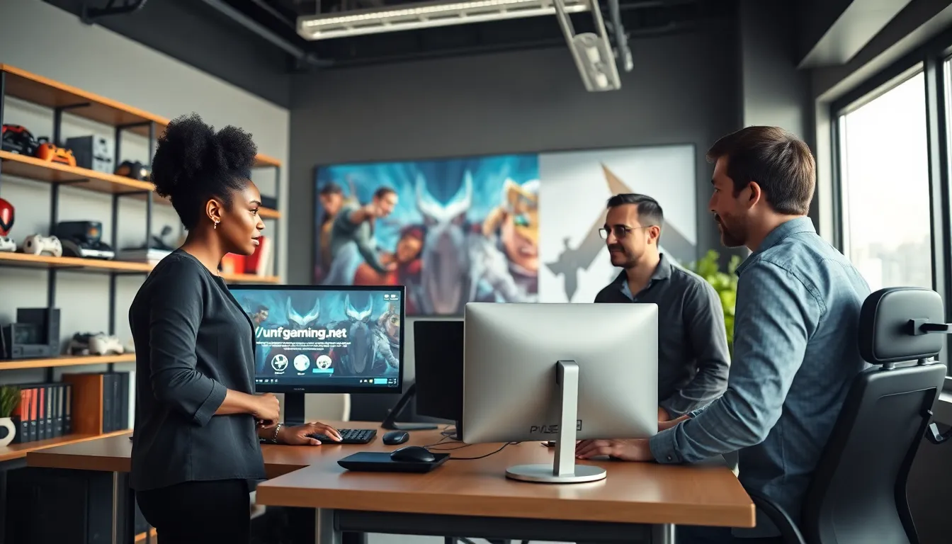 diverse team discussing gaming content in a modern workspace.